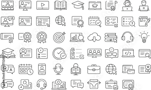 Collection of modern thin line icons for school university and internet training courses.