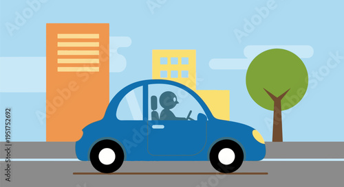 A blue car drives down a city street with buildings and a tree.