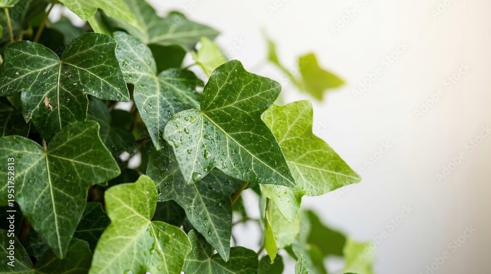 Obraz premium Close-up of vibrant green English ivy leaves with visible veins, showcasing natural texture and fresh foliage against a bright, soft-focus background