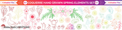 Coquette hand drawn Spring elements. Minimalist art sketch whimsical lines. Vector blossom meadow and garden flowers, bows, floral décor, watering can, bird, leaves and herb, strawberry, icon set.