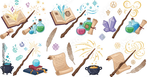 Magic wizard spellbook wands potions crystals scrolls and mystical elements fantasy cartoon vector illustration set