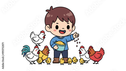 happy child feeding chickens with grain in farmyard flat design vector illustration