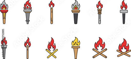 A Set of Minimalist Torch Illustrations with Flames in Different Styles and Colors for Symbolic and Decorative Themes