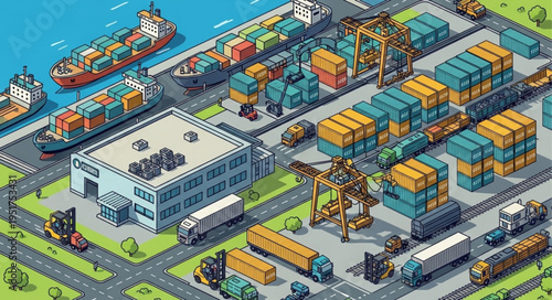 Isometric View of a Busy Shipping Port with Cargo and Cranes.