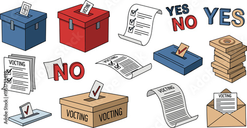 A Set of Voting and Election Icons Featuring Ballots, Boxes, and Yes/No Checkmarks for Political and Survey Themes
