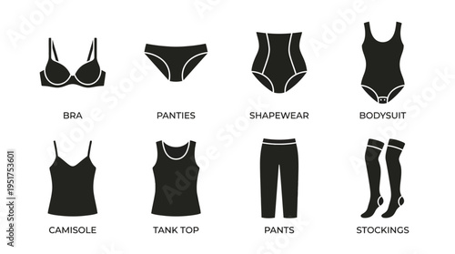 Women’s Clothing Vector Silhouettes Set – Bra, Panties, Shapewear, Bodysuit, Camisole, Tank Top, Pants, Robe – Fashion Apparel Vector Illustration Collection