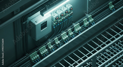 Close-up of Industrial Electrical Control Panel with Wiring and Components.