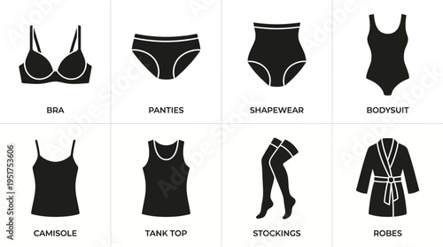 Women’s Clothing Vector Silhouettes Set – Bra, Panties, Shapewear, Bodysuit, Camisole, Tank Top, Pants, Robe – Fashion Apparel Vector Illustration Collection