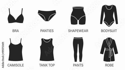 Women’s Clothing Vector Silhouettes Set – Bra, Panties, Shapewear, Bodysuit, Camisole, Tank Top, Pants, Robe – Fashion Apparel Vector Illustration Collection