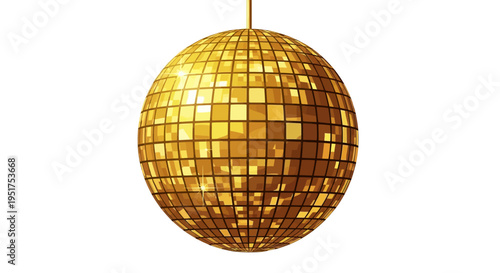 A shiny gold disco ball hanging from a thin string against a white background with a reflective surface.