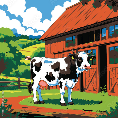 Colorful bold line art sticker of a cow standing beside a barn, farm scene, thick outline, white background