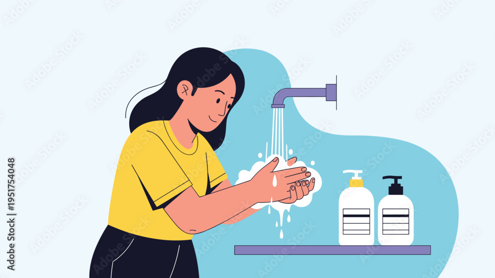 Fototapeta premium Young woman carefully washing her hands with soap and water at a sink to maintain hygiene and prevent the spread of germs.