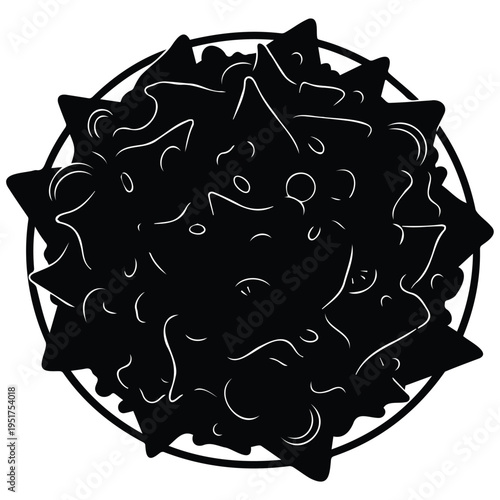 Black and white illustration of a stylized virus or bacteria