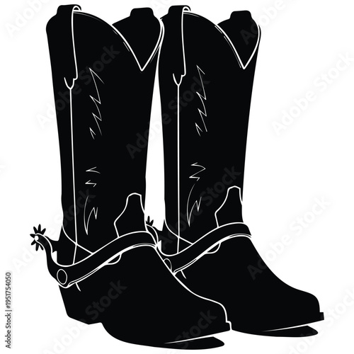 Black cowboy boots with white outline and spurs on plain background