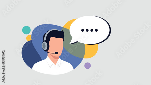 Male customer service representative wearing a headset and communicating with a speech bubble icon for support.
