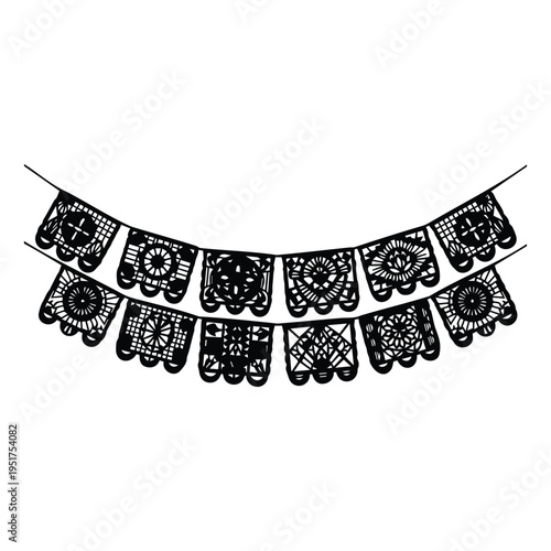 Black paper cutout banner with intricate designs on white background