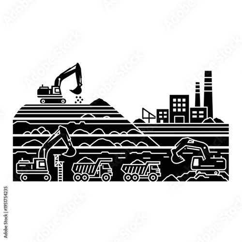 Mining Operation Silhouette - Excavators, Trucks, and Industrial Landscape.