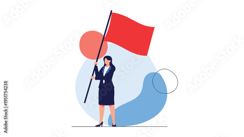 Confident businesswoman holding a large red flag representing leadership, victory, and successful achievement of goals.
