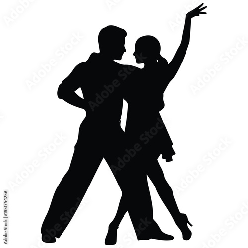 Silhouette of a man and woman dancing tango on white background