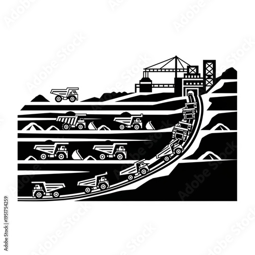 Mining Operation - Trucks Transporting Ore from Pit to Processing.
