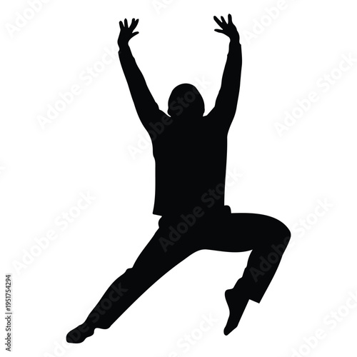 Silhouette of a man jumping up in the air with arms raised