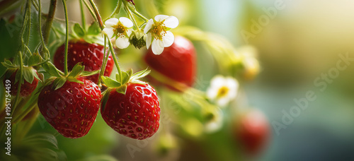 Macro shot of ripe strawberries and white flowers, concept of harvesting ripe strawberries grown outdoors on a farm, copy space for text and advertising