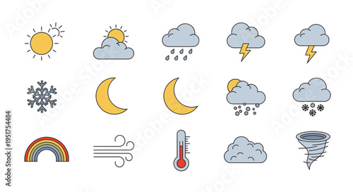 Weather forecast icons display various conditions including sun, moon, clouds, rain, and temperature on a white background