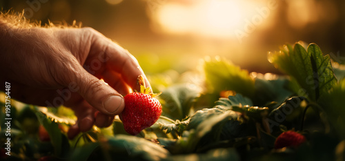 hyper-close-up of a farmer's hand carefully picking strawberries from a lush green bush, warm sunlight, and copy space for text