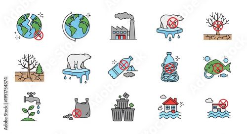 Environmental Pollution and Degradation Icons Depicting Global Warming and Waste.
