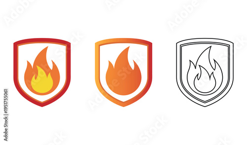 Fire flame shield logo icons set featuring gradient and outline designs for protection and security concepts
