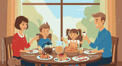 Family enjoys eating pizza together indoors with a beautiful landscape view