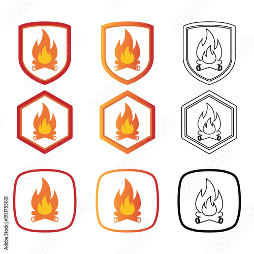 Nine campfire icons set, vector illustration of burning bonfire in different shapes like shield, hexagon, and rounded square
