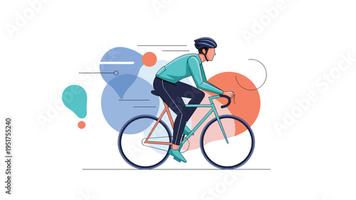 Male athlete riding a road bicycle fast against a creative abstract background with colorful circles and lines.