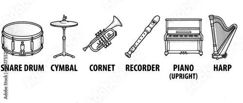 Simple black and white flat design icons set of classic musical instruments with handwritten labels in vector art style