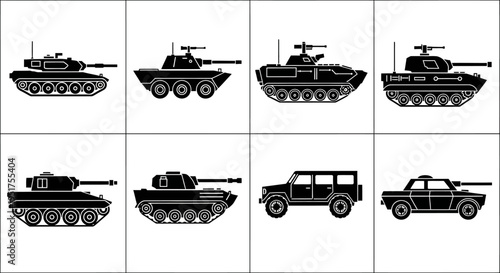Military Vehicles Collection: Tanks, Armored Car, and Sedan Silhouette Icons