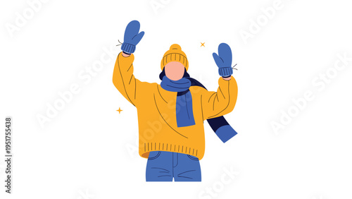 Happy woman wearing a yellow sweater and blue winter accessories celebrating with raised arms among small stars.
