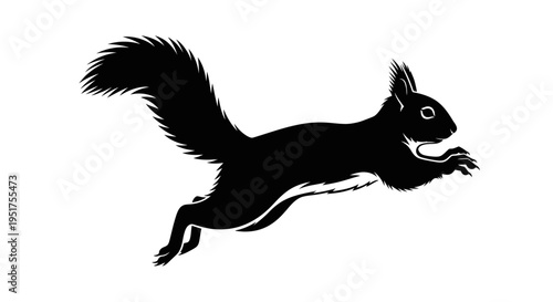 Silhouette of a black squirrel leaping mid-air against a white background