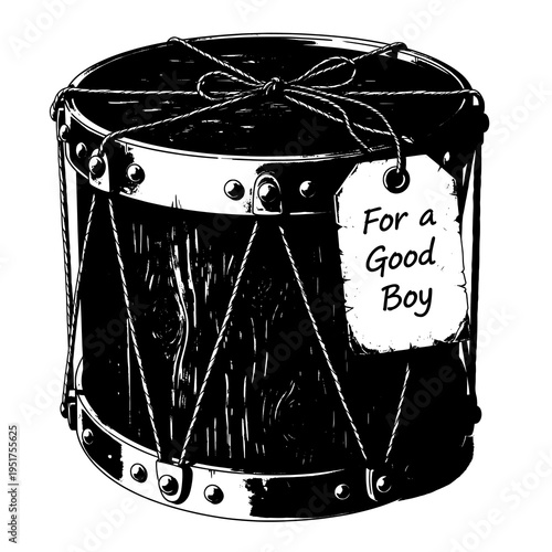 A Detailed Black and White Hand-Drawn Illustration of a Vintage Wooden Toy Drum with a Gift Tag