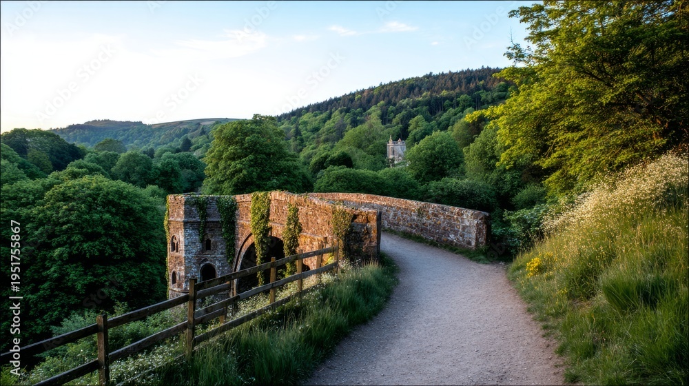 Fototapeta premium A winding gravel path leading through a stone arch bridge covered in ivy towards a distant village church, golden hour light