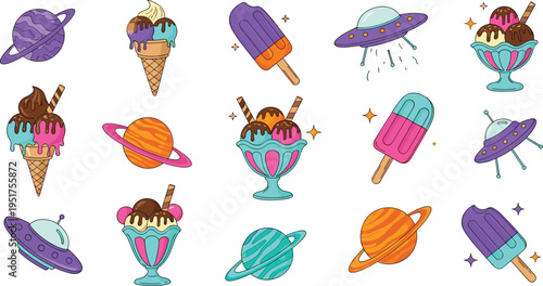 A Fun Set of Ice Cream and Popsicle Characters with Planet and UFO Designs, Perfect for Outer Space and Dessert Themes