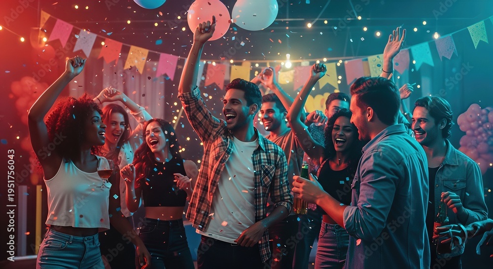 Fototapeta premium Party Friends Dancing with Confetti and Balloons at a Lively Celebration
