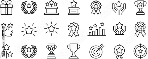 Achievement award star line icons set, success trophy badge recognition, winner reward goal target business outline vector