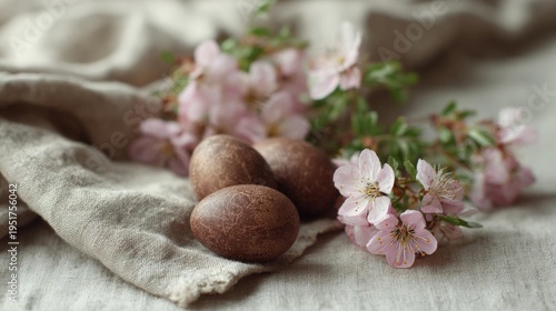 Three chocolate easter eggs on a beige cloth napkin. the eggs are dark brown in color and have a criss-cross pattern on their surface.