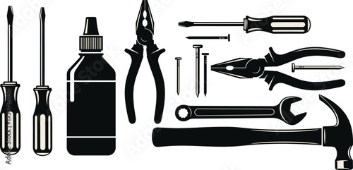 Hand tools silhouettes, household repair equipment, mechanical instruments, DIY essentials, black vector icons, workshop hardware, construction tools, nails screws, pliers wrench hammer