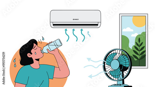 Sweaty person drinking water to cool down from the heat with an air conditioner and an electric fan running.