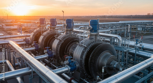 Industrial Pumping Station with Turbines at Sunset.
