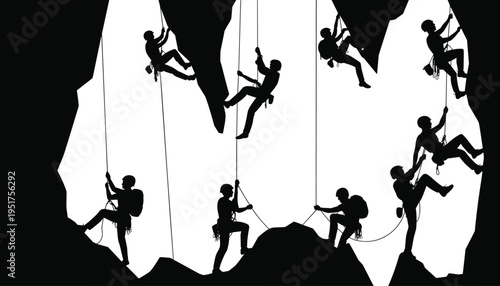 Black silhouette of eight rock climbers on rugged cliff, adventure teamwork illustration for outdoor sports, exploration, endurance art