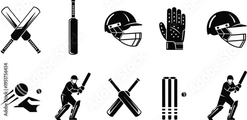 Cricket sport equipment icons set, bat ball helmet gloves wicket player silhouette collection for tournament game vector illustration