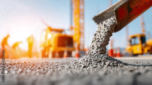 Pouring Concrete on Construction Site: The gritty process of laying down concrete on a bustling construction site under the warm sun, a symbol of progress and infrastructural development.