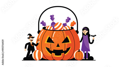 Large Halloween pumpkin bucket filled with colorful candies and surrounded by children in spooky costumes.